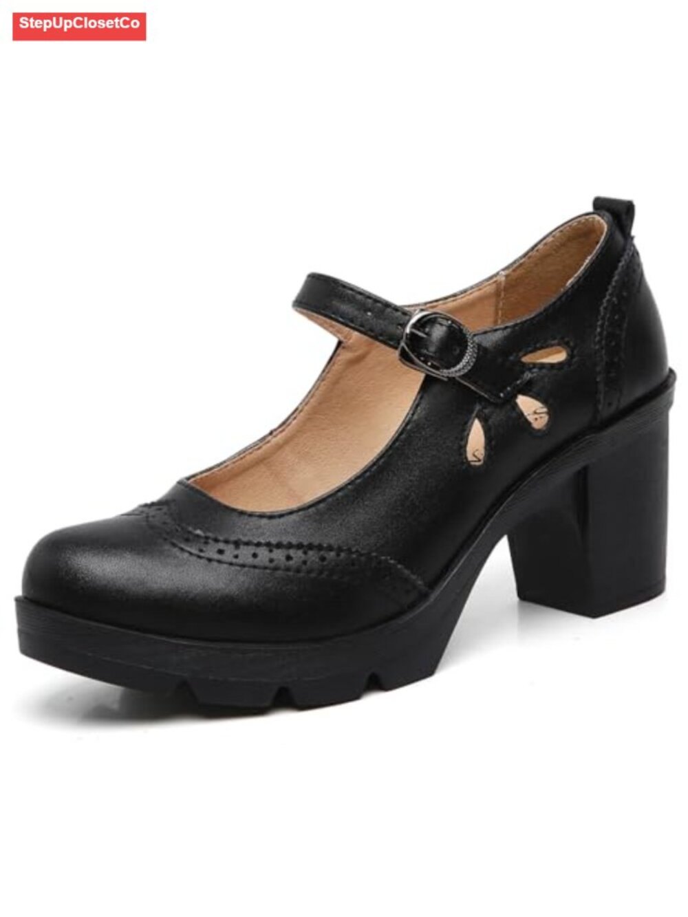 Women's Leather Mary Jane Ankle Strap Round Toe Mid Heel Platform Oxfords Dress
